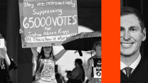 A diptych of two black-and-white images divided by a vertical stripe of red. On the left, three people are holding signs at a protest. At the center, a young woman holds a sign above her head that reads: "They are retroactively suppressing 65,000 votes for Justice Allison Riggs. !!! This is how it starts!!! On the right side of the stripe is a smiling Caucasian middle-aged man with short hair wearing a tie beneath a judges robe. His image is slightly cropped in on the left, creating an uneasy tension.