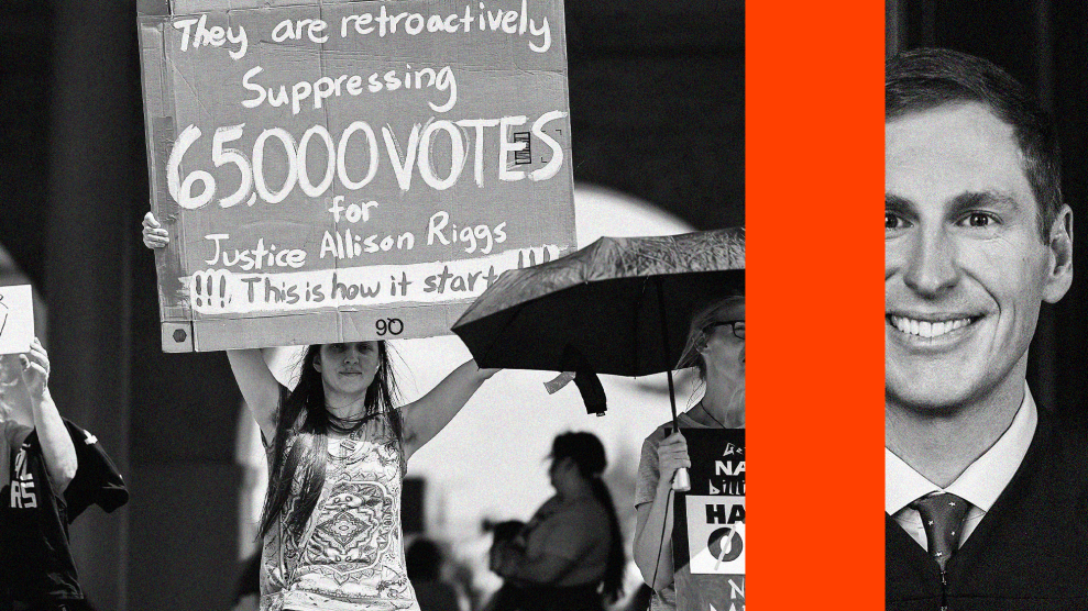 A diptych of two black-and-white images divided by a vertical stripe of red. On the left, three people are holding signs at a protest. At the center, a young woman holds a sign above her head that reads: "They are retroactively suppressing 65,000 votes for Justice Allison Riggs. !!! This is how it starts!!! On the right side of the stripe is a smiling Caucasian middle-aged man with short hair wearing a tie beneath a judges robe. His image is slightly cropped in on the left, creating an uneasy tension.