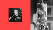 A diptych of two images: On the left, against a red background, is a small black-and-white image of Elon Musk. Musk is a middle-aged Caucasian wearing a black t-shirt that reads DOGE. Musk, looking directly into the camera, is opening his black coat to reveal the acronym on his shirt. To the right is a black-and-white image of two medical drip bags hanging from an IV pole. The out-of-focus head of someone sitting in the background is in view.