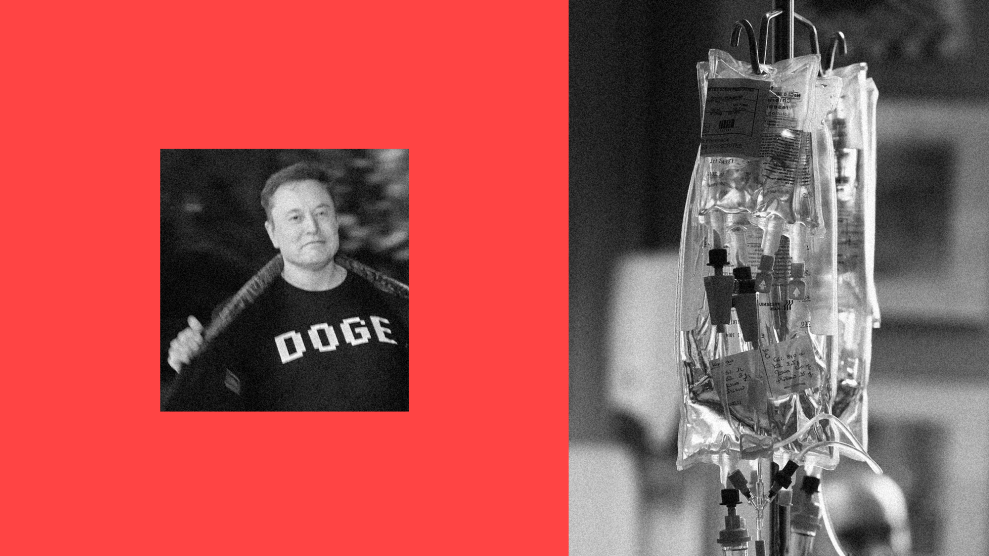 A diptych of two images: On the left, against a red background, is a small black-and-white image of Elon Musk. Musk is a middle-aged Caucasian wearing a black t-shirt that reads DOGE. Musk, looking directly into the camera, is opening his black coat to reveal the acronym on his shirt. To the right is a black-and-white image of two medical drip bags hanging from an IV pole. The out-of-focus head of someone sitting in the background is in view.