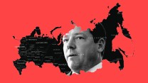 Photo illustration featuring Ed Martin, a middle aged white man, looking out from within the silhouette of Russia. The silhouette is overlaid with a Russian map.