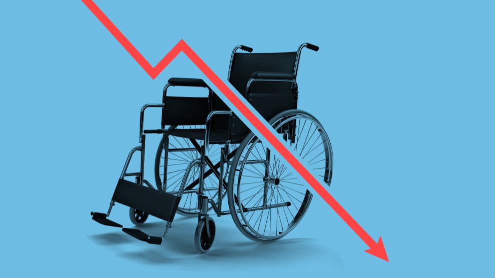 Photo illustration of wheelchair being sliced in two by a downward stock arrow.