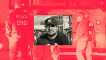 A photo collage of two images. The smaller inset image in black and white shows Omar Cardenas Martinez, who is a middle-aged Hispanic man. He has a beard and is wearing a dark t-shirt and a Yankees baseball cap. He has a slight smile on his face. The image behind Cardenas in a red gradient shows officers wearing jackets that have "POLICE" written above the letters "ERO," which stands for Enforcement and Removal Operations. Between the officers is a handcuffed man wearing a mask on his face, and he is dressed in jeans and a jacket. The man is walking in front of a bus. They are all lit by the bus headlights.