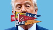 A photo collage with a close-up of Donald Trump talking; his mouth is covered by pennants from various colleges and universities, including Yale, Harvard, Princeton, Middlebury, Grinnell, and Framingham State.