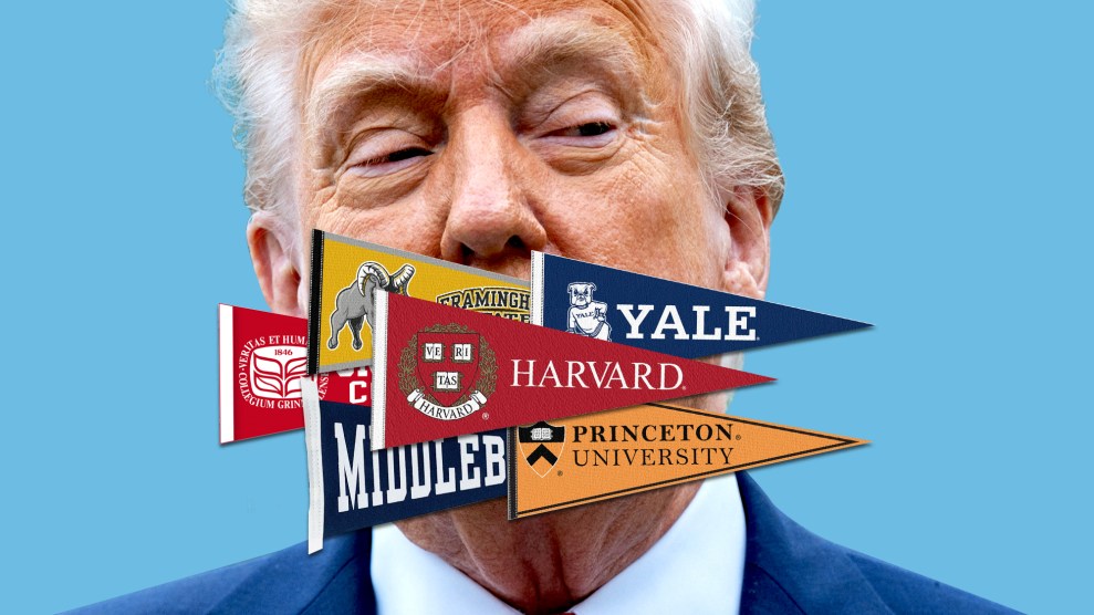 A photo collage with a close-up of Donald Trump talking; his mouth is covered by pennants from various colleges and universities, including Yale, Harvard, Princeton, Middlebury, Grinnell, and Framingham State.