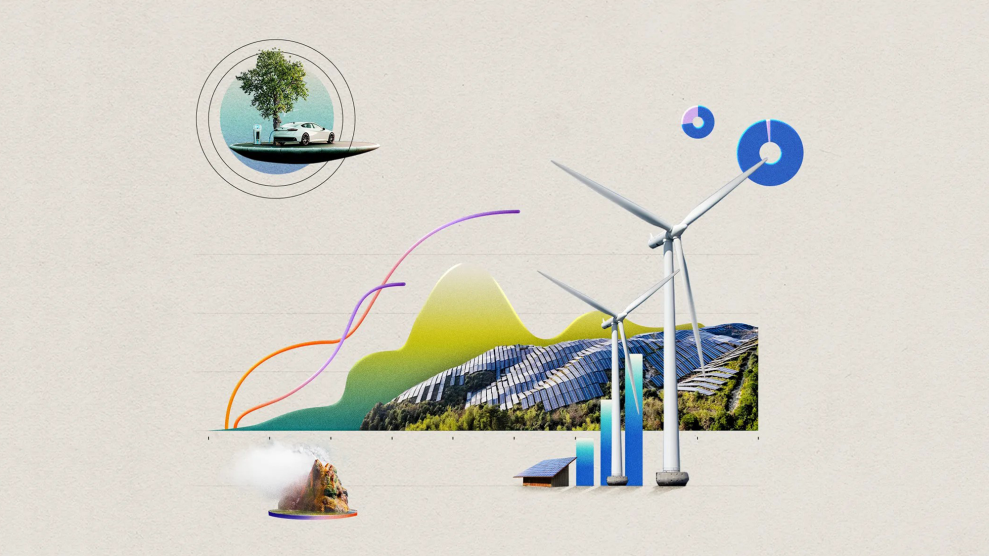 A collage of solar panels, wind turbines, an electric vehicle and a mountain against the horizontal lines of a chart.