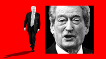 A collage of two images on a red background. One is Donald Trump in a dark suit walking, casting a long dark shadow. Trump, turned to our right, is facing a closely cropped square image of the face of Sali Berisha. Berisha is elderly and has a wrinkled forehead and graying hair. Mouth open, he appears to be caught in mid sentence.