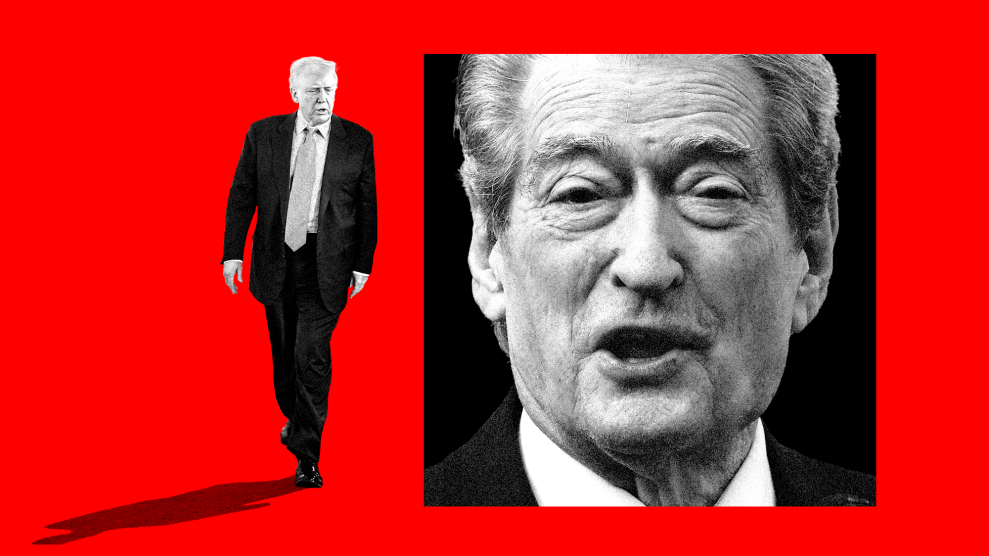 A collage of two images on a red background. One is Donald Trump in a dark suit walking, casting a long dark shadow. Trump, turned to our right, is facing a closely cropped square image of the face of Sali Berisha. Berisha is elderly and has a wrinkled forehead and graying hair. Mouth open, he appears to be caught in mid sentence.