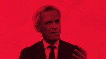 A white man on a red background