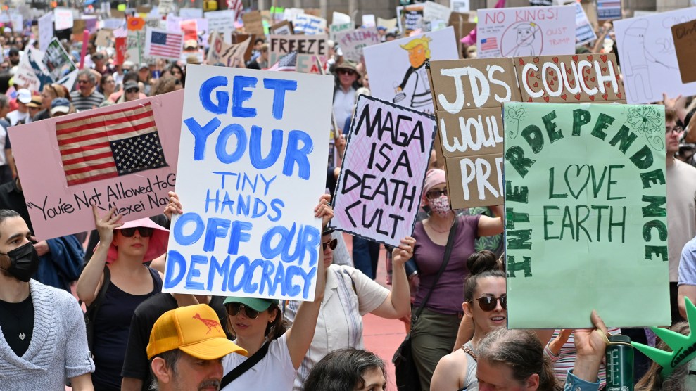 Signs that say "Get your tiny hands off democracy" "Maga id a death cult" "Love earth"