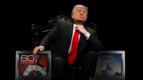 Photo illustration featuring Donald Trump in a chair, modeled after The Godfather movie poster, which his hands resting on two TVs, which show 60 Minutes and Paramount on the screens.