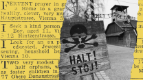 A photo illustration of Auschwitz and ads for Jewish children seeking homes in England during World War II.
