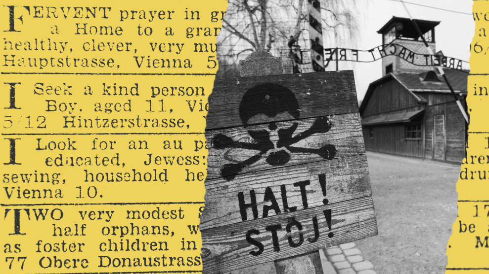 A photo illustration of Auschwitz and ads for Jewish children seeking homes in England during World War II.