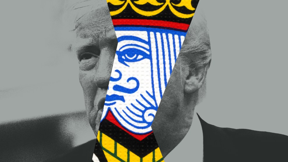 A collage illustration of a piece of a king playing card placed on top of a black and white photo of Donald Trump