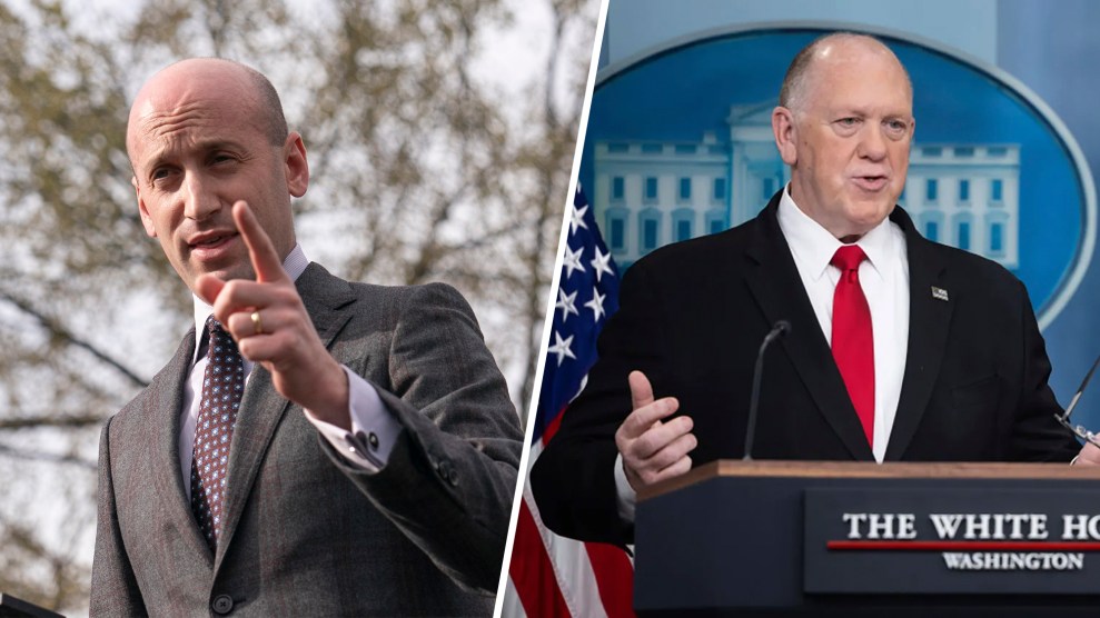 Split photo collage featuring Stephen Miller pointing on the left and Tom Homan speaking to the press at a briefing on the right.