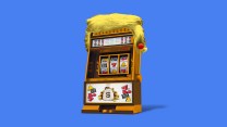 An illustration of a gold slot machine with blonde, Donald Trump-like hair