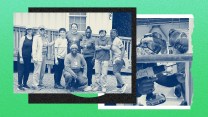 A a collage of two photos. In the left photo, a group of smiling women of different ethnicities wearing "Hope Renovations" t-shirts pose together outdoors. The left photo is a tighter photo of one woman using a cordless screwdriver as another woman observes.