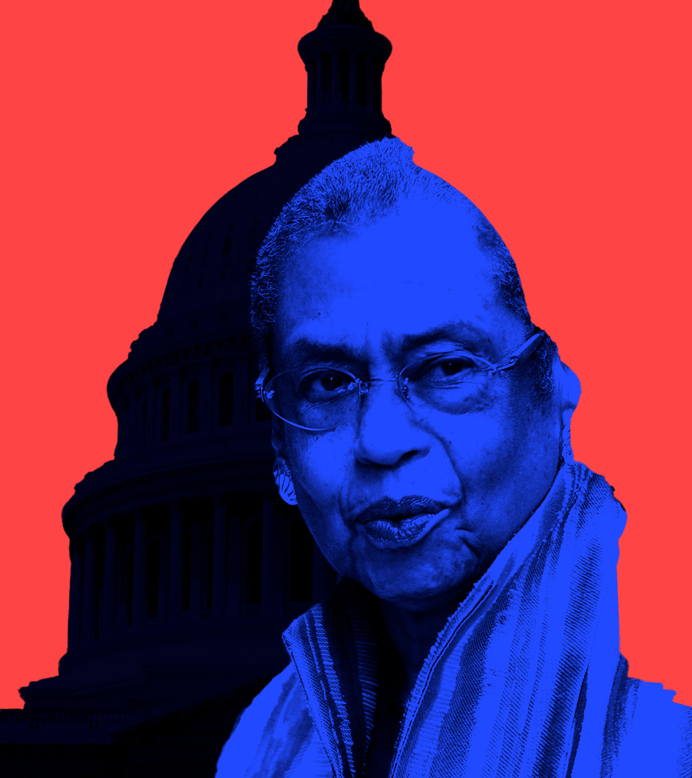 Photo illustration of Representative Eleanor Holmes Norton, a bespectacled older Black woman, peering out from the silhouette of the Capitol building in DC.