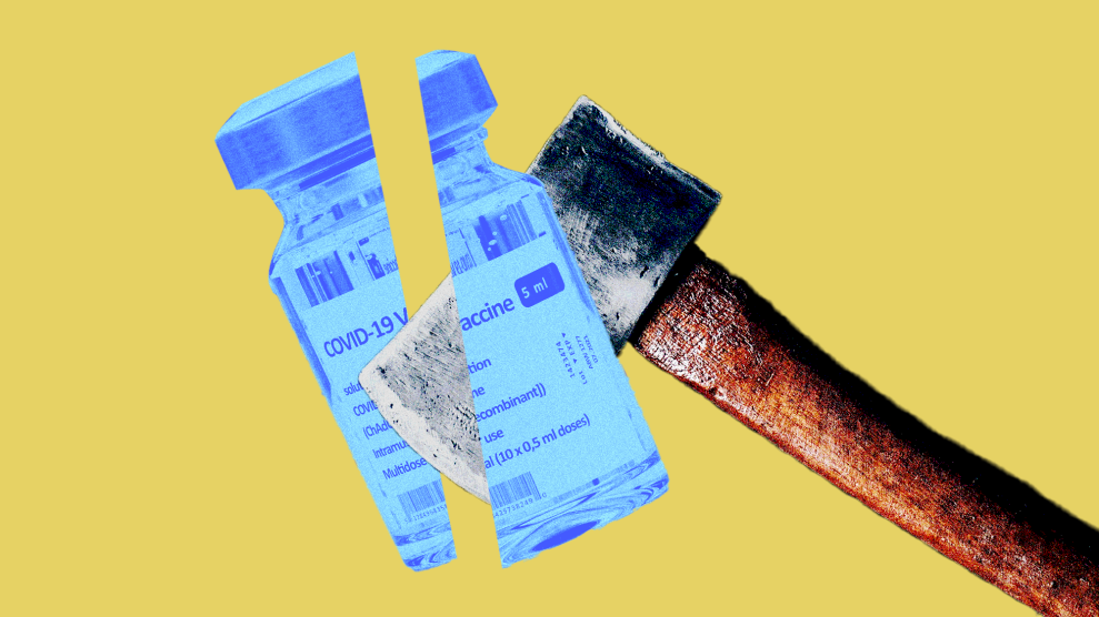 An illustration of an axe slicing through a blue vial of a Covid vaccine against a yellow background.