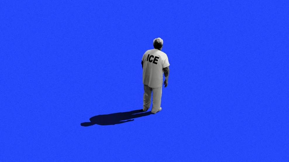 Photo illustration of an immigrant detainee wearing an ICE jumpsuit and standing all alone on a blue background, seemingly abandoned.
