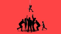 Photo illustration of a child sitting on a fishing hook that dangles over a group of family members, whose arms are outstretched and reach for the boy.