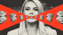 Photo illustration of press secretary Karoline Leavitt speaking to reporters; two red triangles shoot out from her mouth in opposite directions. Floating in the triangles are Trump's shouting head, repeating and growing in size as they move from her mouth to the edge of the frame.