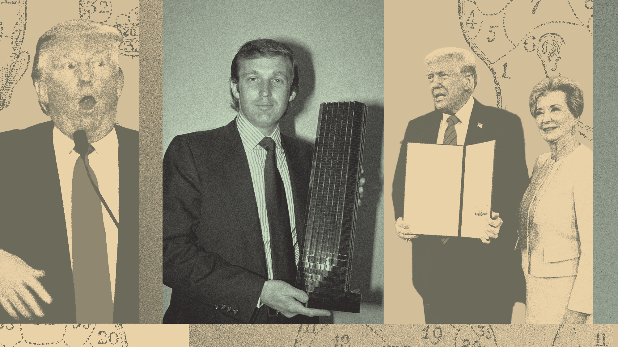 A triptych-style collage featuring Donald Trump at different stages of life and career. Left panel shows Trump mid-speech with a surprised expression, overlaid with anatomical-style sketches of a skull and brain. Center panel shows a younger Trump in a suit, holding a model skyscraper. Right panel shows an older Trump holding a proclamation alongside a smiling woman, with diagrammatic drawings of a head and ear in the background. The image has a vintage, sepia-toned aesthetic.