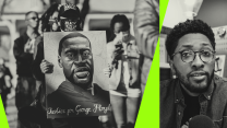A diptych of two photos: people marching, left, and Garrison Hayes, on the right, positioned in front of a studio microphone. In the image of people marching, a person at the center holds a painting of the face of George Floyd with words at the bottom that reads "Justice for George Floyd." The photo of Garrison Hayes shows him in a button-up, long-sleeve jean shirt with a darker t-shirt underneath. He's wearing glasses, and has a light beard and curly hair.