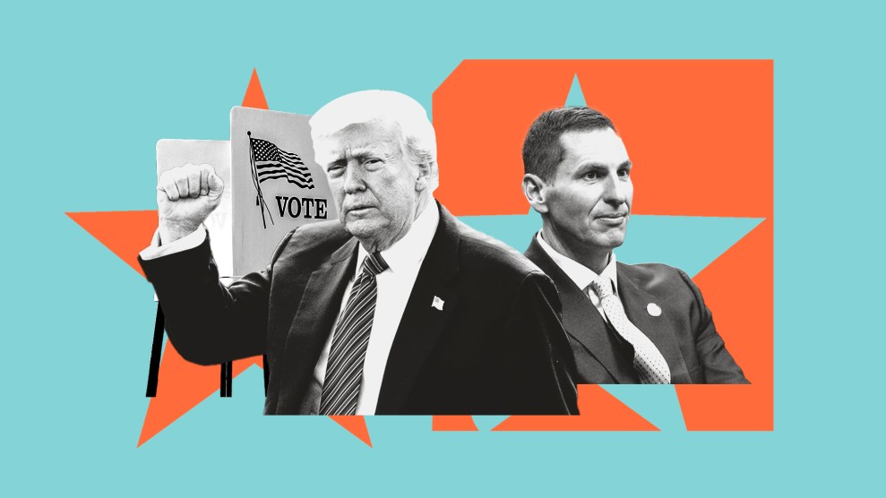 A digital collage features black and white cutouts of Donald Trump on the left and a younger man in a suit on the right, superimposed over a large, orange, stylized star shape. Trump is depicted from the chest up, raising his right fist, with a cutout of a voting booth behind his left shoulder. The other man is shown from the chest up, looking to the left. The background is a solid light blue. The overall style is graphic and bold.