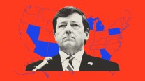 Photo collage featuring an outlined map of the US on a red background, with Nevada, Arizona, New Mexico, Georgia, Wisconsin, Michigan, and Pennsylvania filled in in blue. Overlaid is a photo of Ed Martin, with a serious expression.
