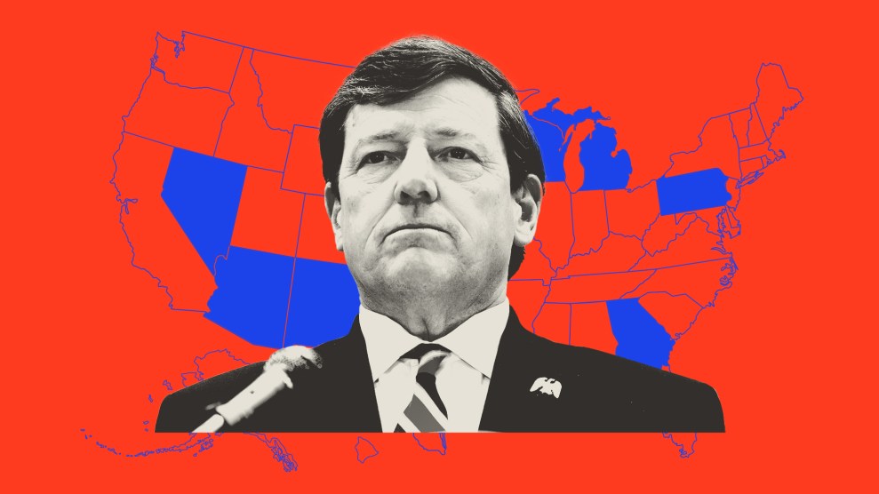 Photo collage featuring an outlined map of the US on a red background, with Nevada, Arizona, New Mexico, Georgia, Wisconsin, Michigan, and Pennsylvania filled in in blue. Overlaid is a photo of Ed Martin, with a serious expression.