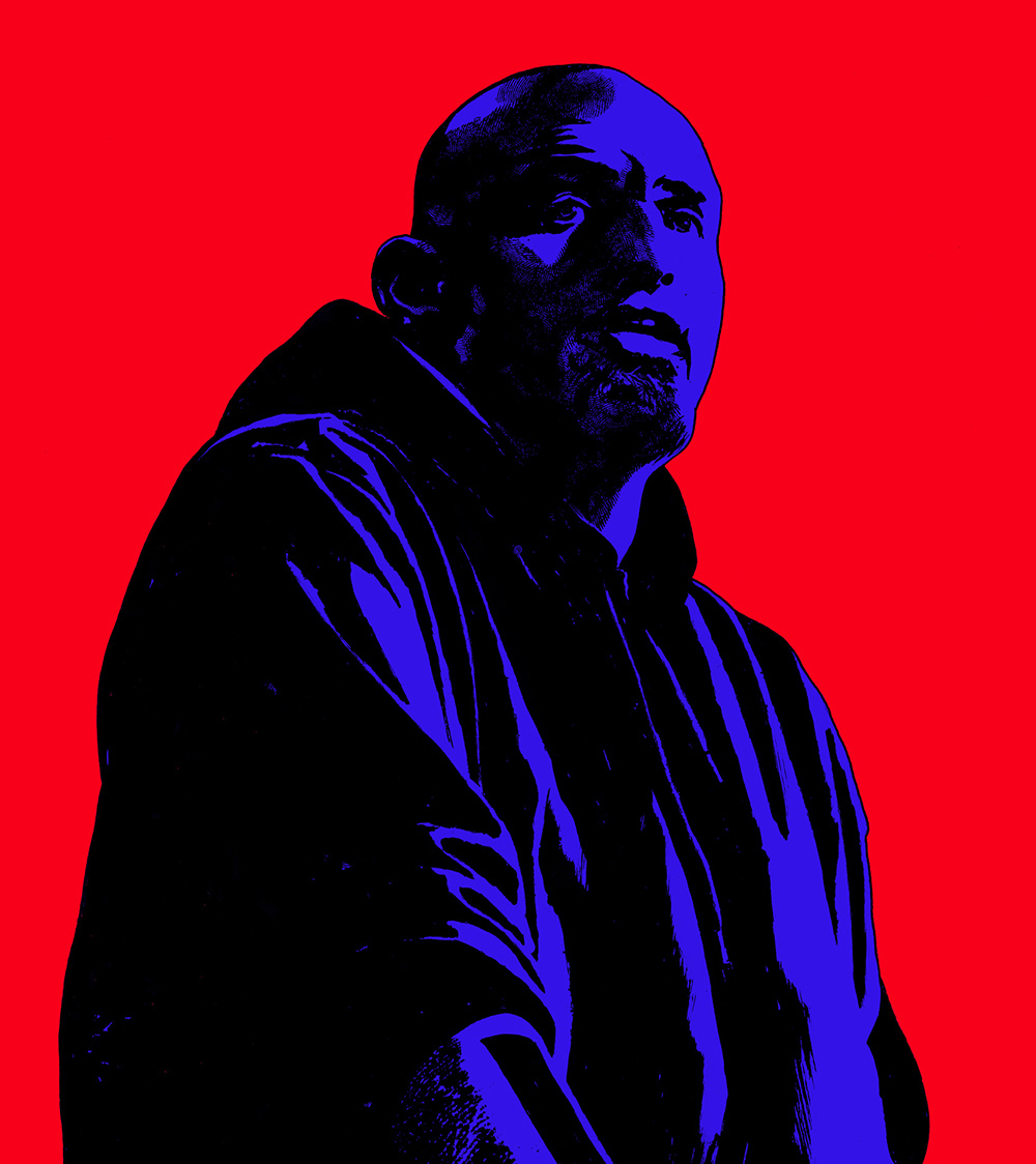 An illustration of the upper body of a bald man wearing a hooded sweatshirt. The man is blue and the background is red.