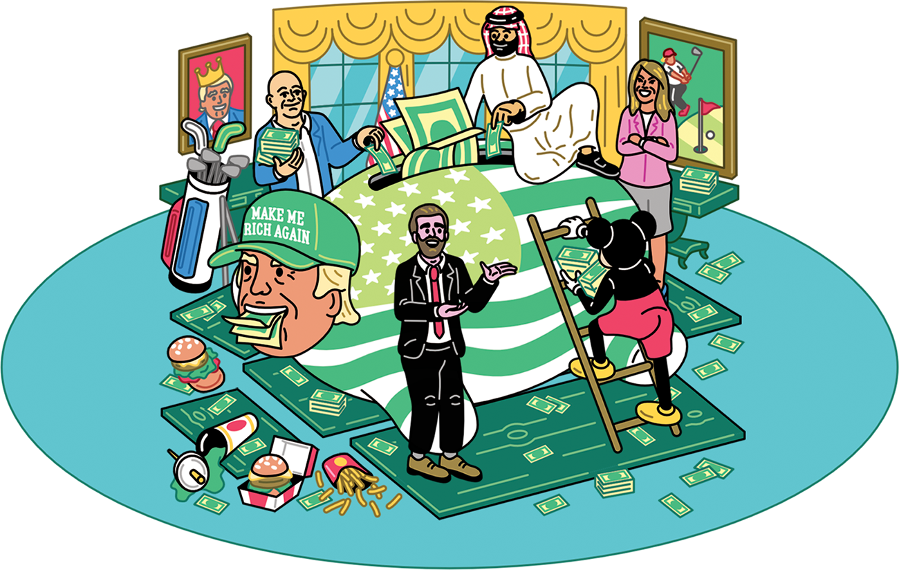 Illustration of Donald Trump as a money bank, with Bezos, a Saudi investor, and Mickey Mouse stuffing so much money inside of him he is overflowing and has collapsed on the Oval Office carpet.