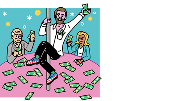 Illustration of Donald Trump Jr. dancing on a pole, performing for two patrons, surrounded by cash and holding bills in his hand.