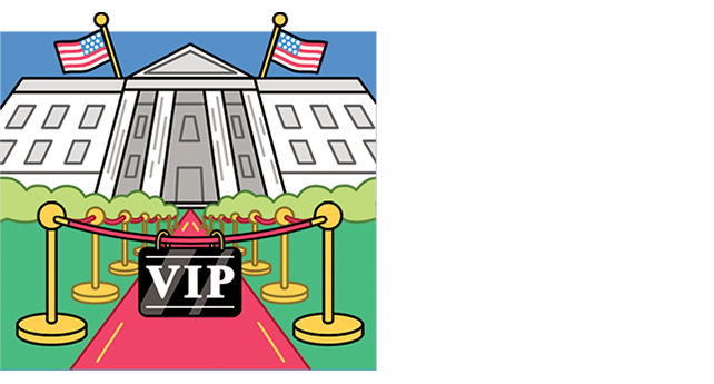 Illustration of a red carpet and velvet ropes marking of a VIP entrance to the White House.