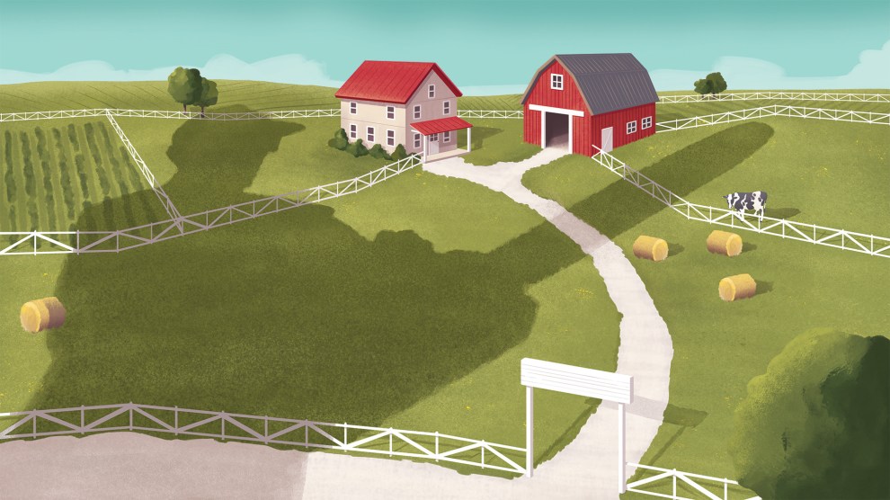 An illustration of a big shadow of someone with a chain saw is cast onto a small farm.