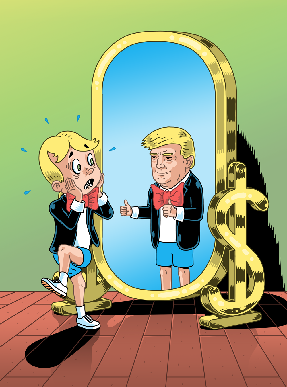 A colorful drawing in which a character meant to be Richie Rich stares in a gold-framed full-length mirror, aghast at what's reflecting back at him. The likeness staring back at Richie Rich is Donald Trump. Richie has blond hair parted down the middle and is wearng a black jacket, oversized red bowtie, blue shorts, and white sneakers. His body is contorted, left leg hanging in midair, as both of his hands clutch his face in shock. Trump's character is dressed exactly like Richie, but has the famous Trump swoop of hair and is giving Richie a thumbs-up with both hands.