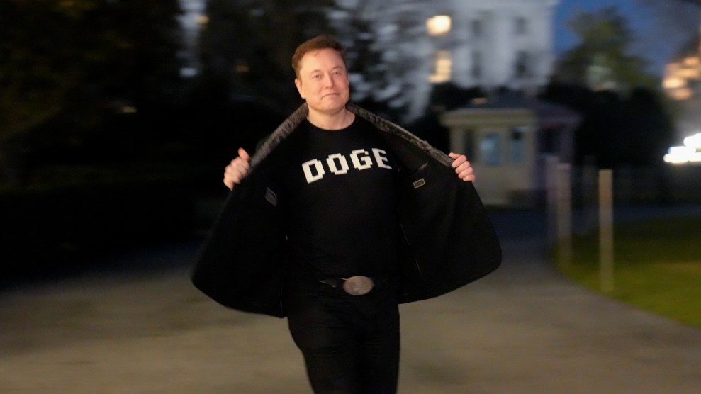 elon musk standing in front of the white house flashing a "DOGE" shirt