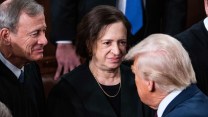 John Roberts and Elena Kagan make eye contact with President Trump as he walks past them after his March 2025 address to Congress. The justices are wearing black robes, the president is in a blue suit.