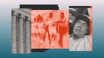 A triptych photo collage of a court facade, inmates in the infamous mega-prison in El Salvador being marched by guards, and a portrait of Frizgeralth de Jesús Cornejo Pulgar, who is young and has curly hair and a goatee.