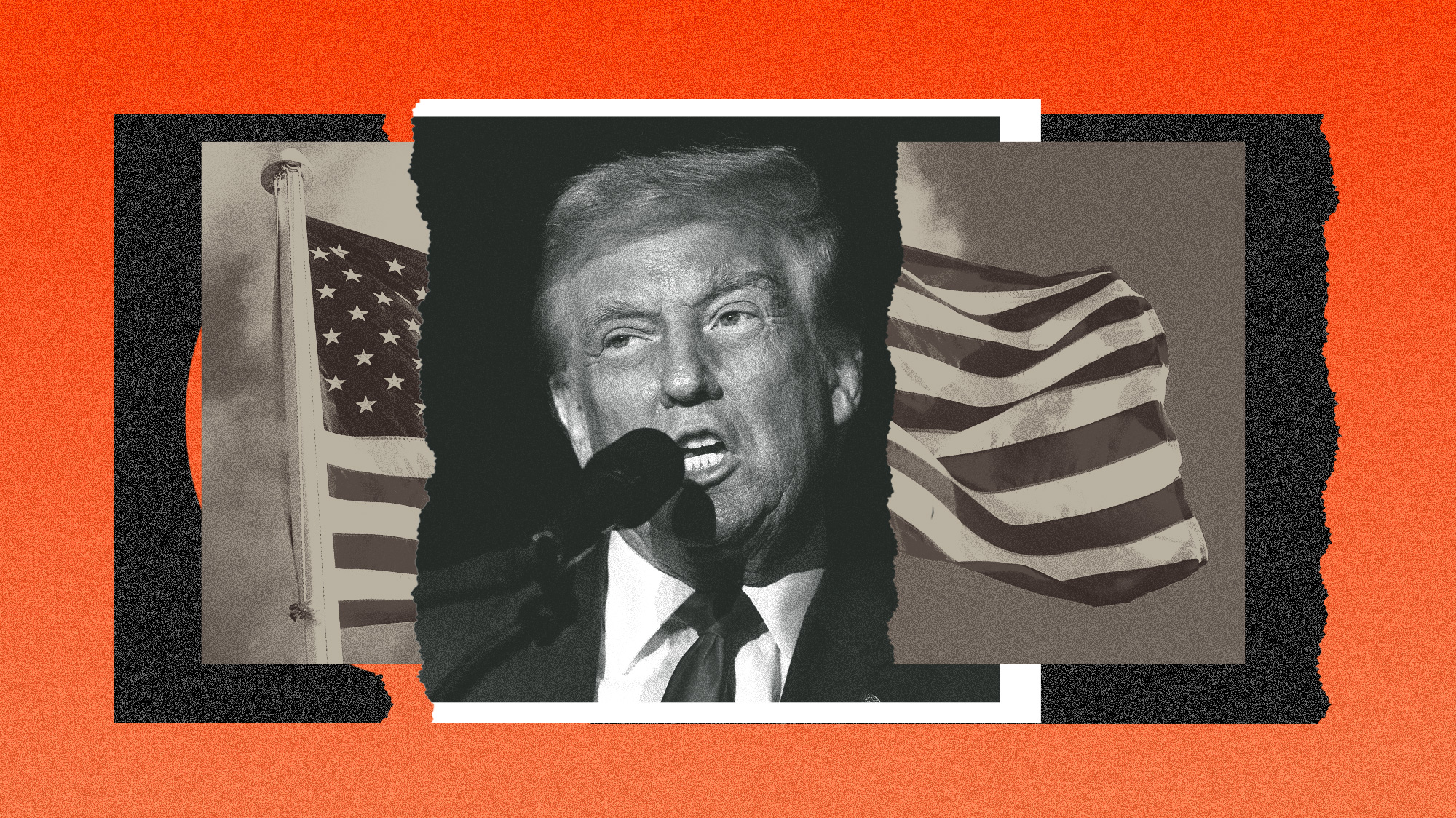 A collage with a photo of Donald Trump in the middle of two torn pieces of a photo of an American flag. The photos are all in muted greyscale, and the background is a light orange to burnt orange gradient.