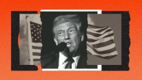 A collage with a photo of Donald Trump in the middle of two torn pieces of a photo of an American flag. The photos are all in muted greyscale, and the background is a light orange to burnt orange gradient.