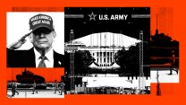 Photo collage featuring Donald Trump saluting, US Army banners and a stage in front of the White House, and soldiers alongside tanks that have recently arrived in DC.