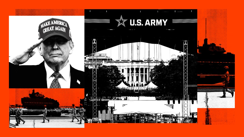 Photo collage featuring Donald Trump saluting, US Army banners and a stage in front of the White House, and soldiers alongside tanks that have recently arrived in DC.