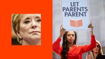 A photo collage on the theme of parental rights. On the left is a close-up of a blonde woman with a worried expression. On the right, a woman at a rally holds a sign that reads, "LET PARENTS PARENT," with an icon of an open book.