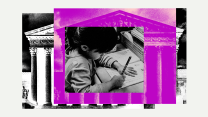 A collage in magenta and blue of the facade of the United States Supreme Court building overlayed by a young girl working on her homework in a classroom.