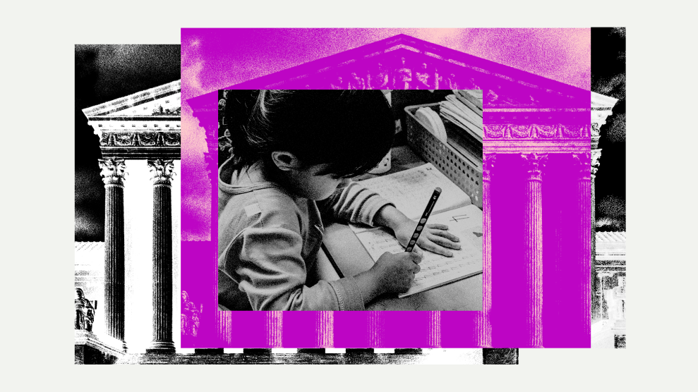 A collage in magenta and blue of the facade of the United States Supreme Court building overlayed by a young girl working on her homework in a classroom.