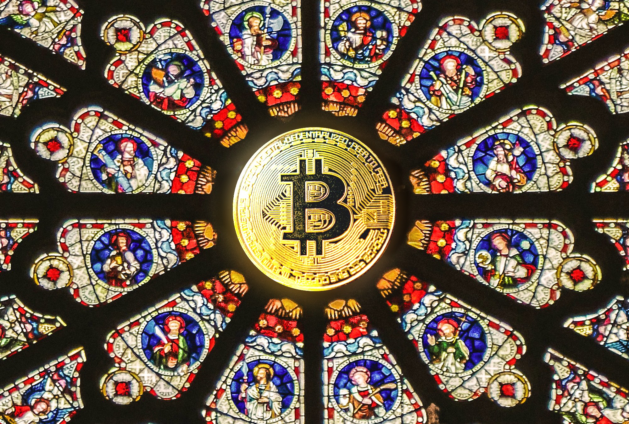 Cathedral rose window depicting religious scenes, with a large golden bitcoin in the center.