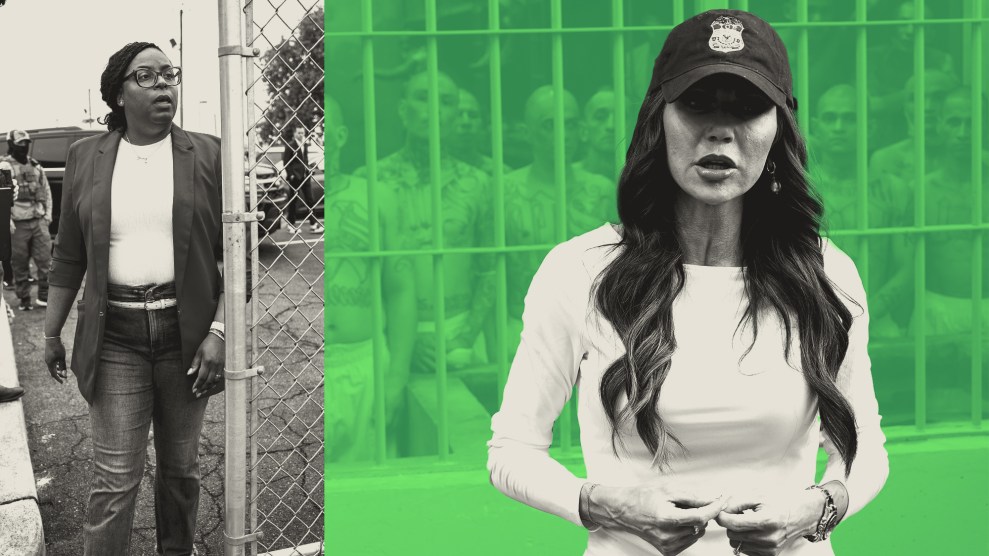 Photo collage of DHS Secretary Kristi Noem speaking in front of a prison in El Salvador on the right and Rep. LaMonica McIver, D-N.J. exiting a detention prison on the left