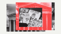 A collage in red, white and black of the facade of the United States Supreme Court building overlayed by several LGTBQ-friendly books. A few book titles are "Intersection Allies," "Love, Violet," and "Born Ready."